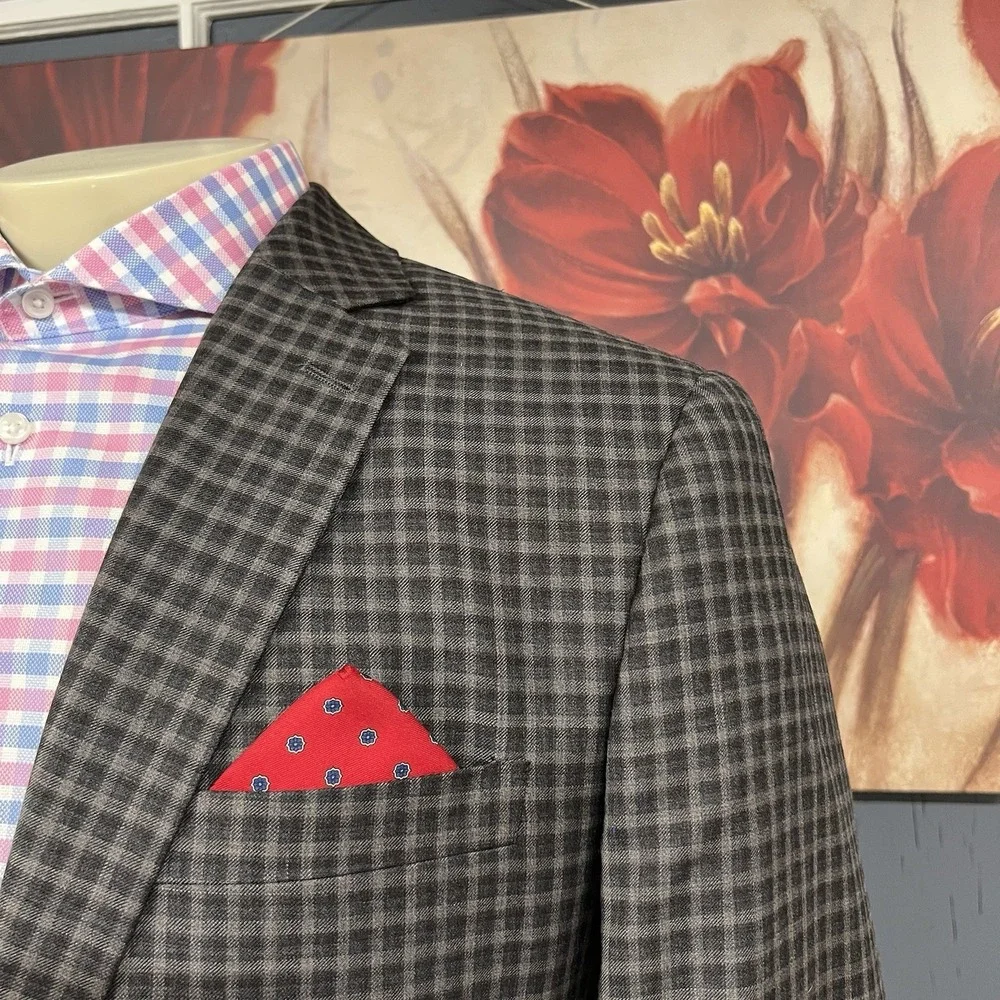 Egara‎ Blazer Jacket Sport Coat Mens 44R Slim Fit Wool Brown/Gray Gingham